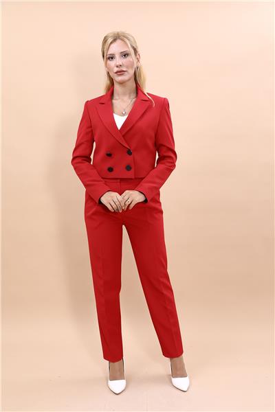 Düğmeli Mini Kruvaze Ceket & Cepli Pileli Dar Paça Pantolon Kadın Takım Elbise-Kırmızı