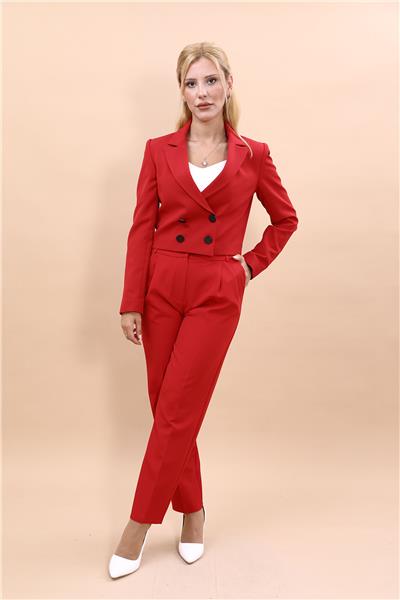 Düğmeli Mini Kruvaze Ceket & Cepli Pileli Dar Paça Pantolon Kadın Takım Elbise-Kırmızı