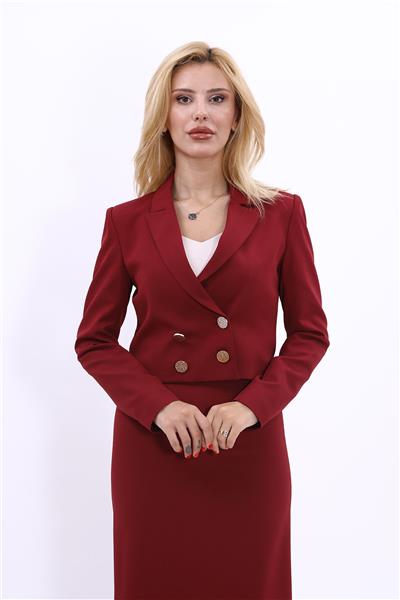 Düğmeli Mini Kruvaze Kadın Ceket-Bordo