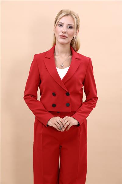 Düğmeli Mini Kruvaze Kadın Ceket-Kırmızı
