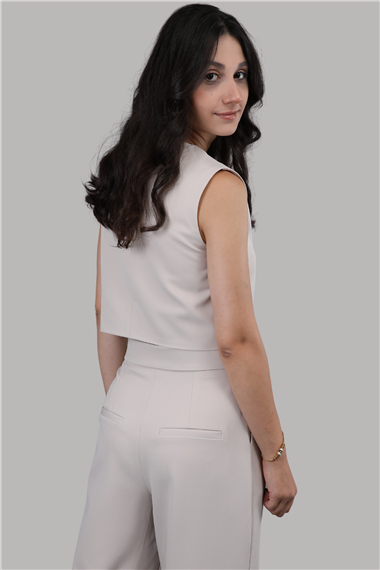 Düğmeli Yelek Takım-Bej