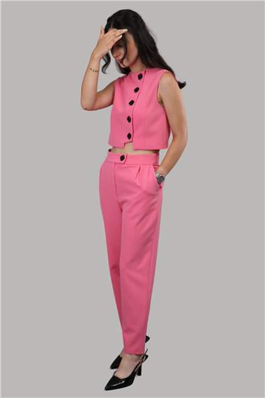Düğmeli Yelek Takım-Pembe