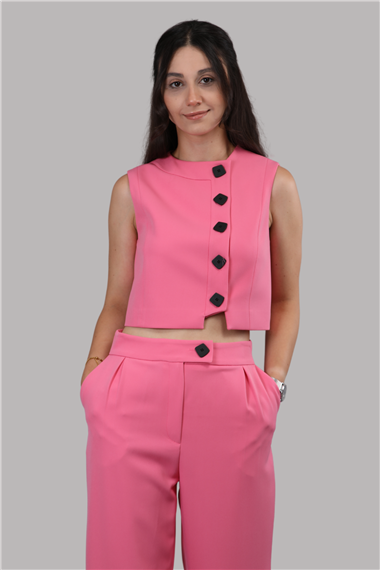 Düğmeli Yelek Takım-Pembe