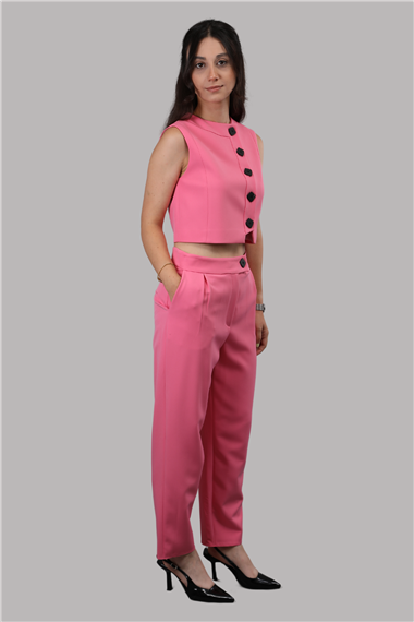 Düğmeli Yelek Takım-Pembe