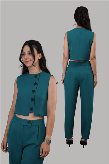 Düğmeli Yelek Takım-Petrol