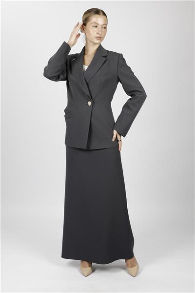 Erkek Yaka Asimetrik Ceket & Kemerli Kare Cepli Çan Etek-Füme