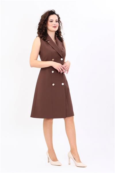 Erkek Yaka Belden Kesik Kuruvaze Elbise-Kestane