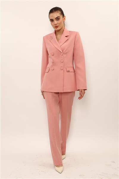 Erkek Yaka Blazer Ceket &  Kemerli Boru Paça Pantolon-Pudra