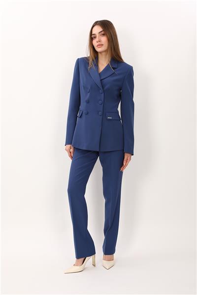 Erkek Yaka Blazer Ceket &  Kemerli Boru Paça Pantolon-İndigo