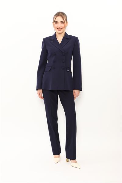 Erkek Yaka Blazer Ceket &  Kemerli Boru Paça Pantolon-Lacivert