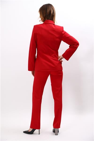 Erkek Yaka Blazer Ceket &  Kemerli Boru Paça Pantolon-Kırmızı