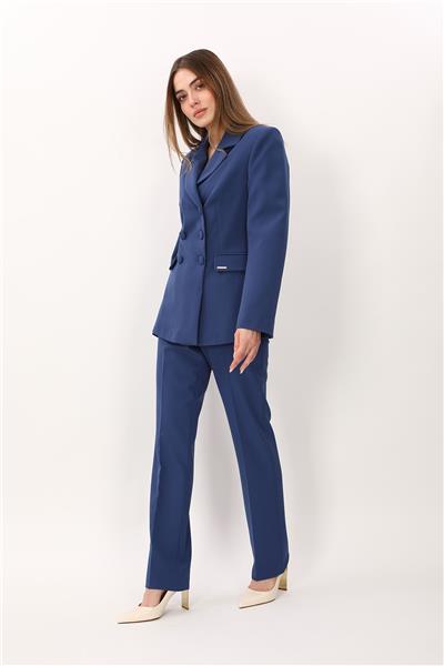 Erkek Yaka Blazer Ceket &  Kemerli Boru Paça Pantolon-İndigo