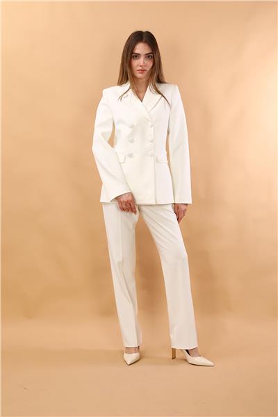 Erkek Yaka Blazer Ceket &  Kemerli Boru Paça Pantolon-Beyaz