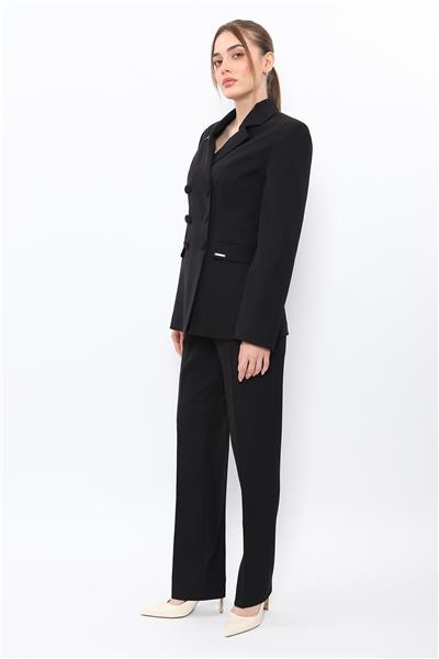 Erkek Yaka Blazer Ceket &  Kemerli Boru Paça Pantolon-Siyah