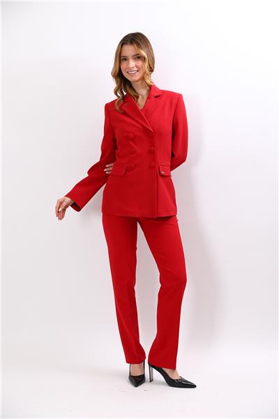 Erkek Yaka Blazer Ceket &  Kemerli Boru Paça Pantolon-Kırmızı