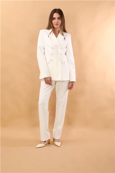 Erkek Yaka Blazer Ceket &  Kemerli Boru Paça Pantolon-Beyaz