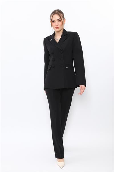 Erkek Yaka Blazer Ceket &  Kemerli Boru Paça Pantolon-Siyah