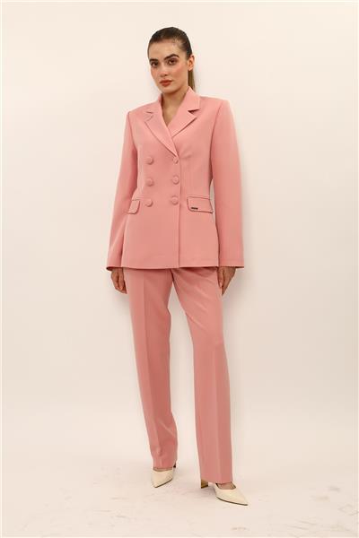 Erkek Yaka Blazer Ceket &  Kemerli Boru Paça Pantolon-Pudra