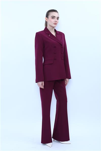 Erkek Yaka Blazer Ceket & Kemerli İspanyol Paça Pantolon-Mürdüm