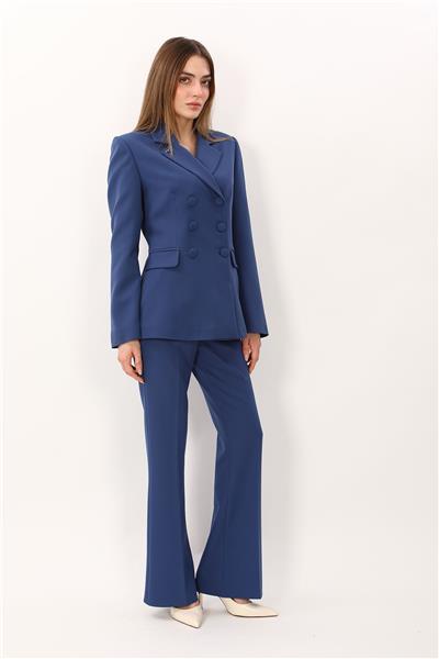 Erkek Yaka Blazer Ceket & Kemerli İspanyol Paça Pantolon-İndigo