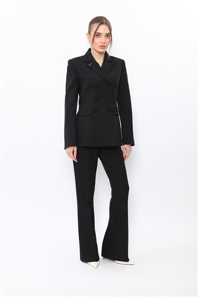 Erkek Yaka Blazer Ceket & Kemerli İspanyol Paça Pantolon-Siyah