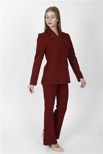Erkek Yaka Blazer Ceket & Kemerli İspanyol Paça Pantolon-Bordo