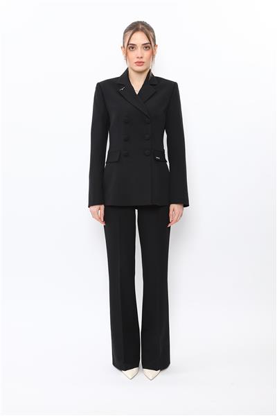 Erkek Yaka Blazer Ceket & Kemerli İspanyol Paça Pantolon-Siyah