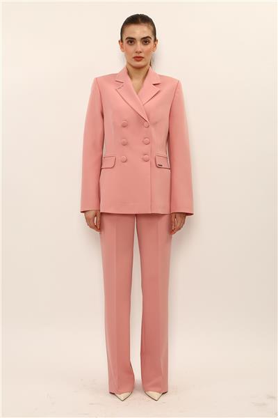 Erkek Yaka Blazer Ceket & Kemerli İspanyol Paça Pantolon-Pudra