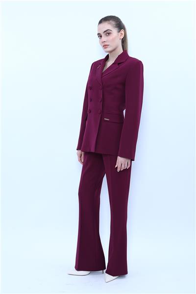 Erkek Yaka Blazer Ceket & Kemerli İspanyol Paça Pantolon-Mürdüm