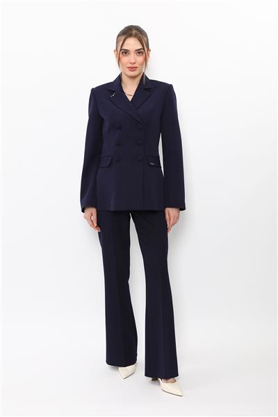 Erkek Yaka Blazer Ceket & Kemerli İspanyol Paça Pantolon-Lacivert