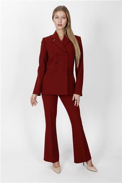 Erkek Yaka Blazer Ceket & Kemerli İspanyol Paça Pantolon-Bordo