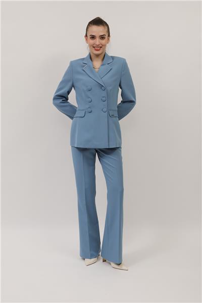 Erkek Yaka Blazer Ceket & Kemerli İspanyol Paça Pantolon-Deniz