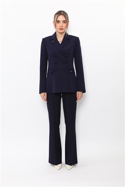 Erkek Yaka Blazer Ceket & Kemerli İspanyol Paça Pantolon-Lacivert