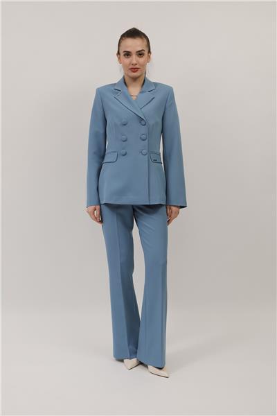 Erkek Yaka Blazer Ceket & Kemerli İspanyol Paça Pantolon-Deniz