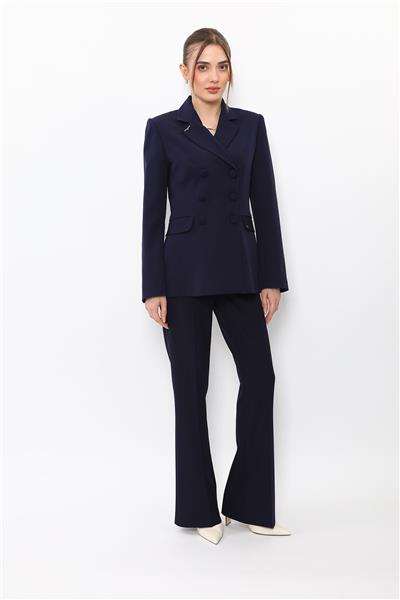 Erkek Yaka Blazer Ceket & Kemerli İspanyol Paça Pantolon-Lacivert