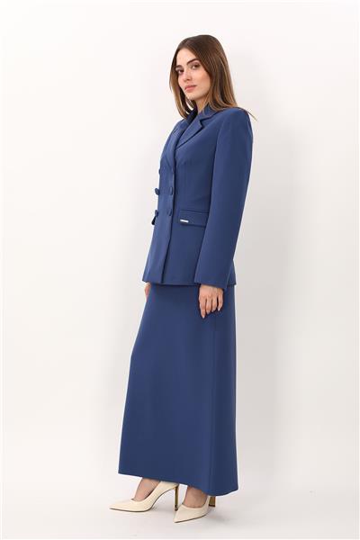 Erkek Yaka Blazer Ceket & Kemerli Kare Cepli Çan Etek-İndigo