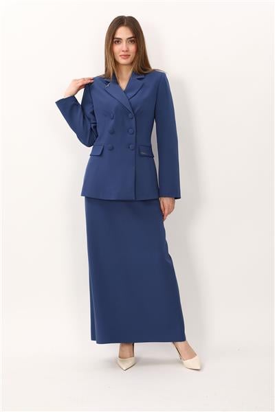 Erkek Yaka Blazer Ceket & Kemerli Kare Cepli Çan Etek-İndigo