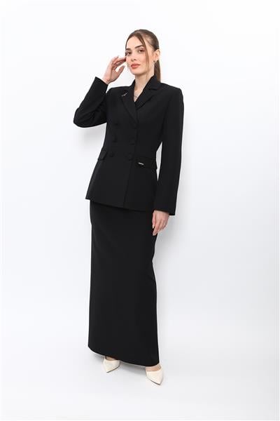 Erkek Yaka Blazer Ceket & Kemerli Kare Cepli Çan Etek-Siyah