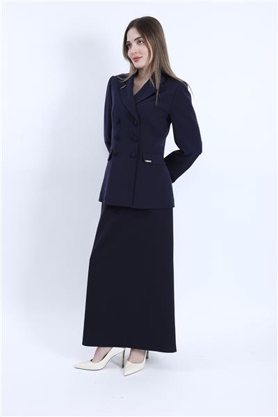 Erkek Yaka Blazer Ceket & Kemerli Kare Cepli Çan Etek-Lacivert