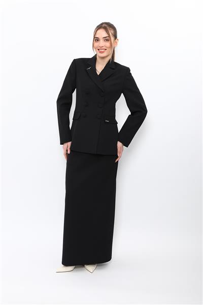 Erkek Yaka Blazer Ceket & Kemerli Kare Cepli Çan Etek-Siyah