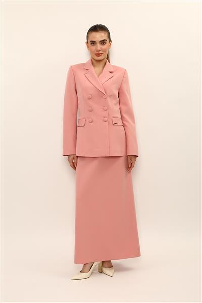 Erkek Yaka Blazer Ceket & Kemerli Kare Cepli Çan Etek-Pudra