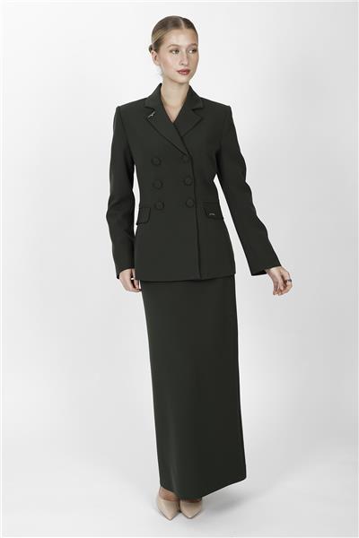Erkek Yaka Blazer Ceket & Uzun Düz Dar Etek-Haki