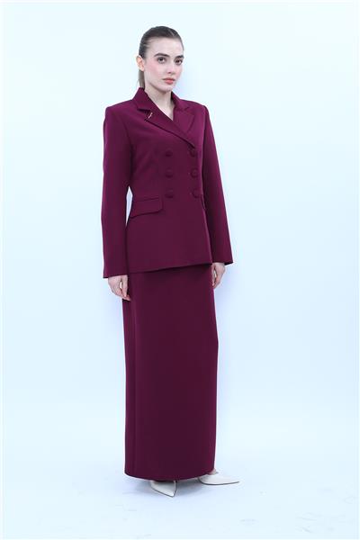 Erkek Yaka Blazer Ceket & Uzun Düz Dar Etek-Mürdüm