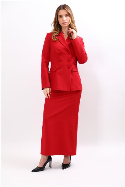 Erkek Yaka Blazer Ceket & Uzun Düz Dar Etek-Kırmızı