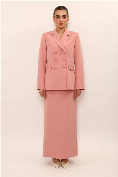 Erkek Yaka Blazer Ceket & Uzun Düz Dar Etek-Pudra