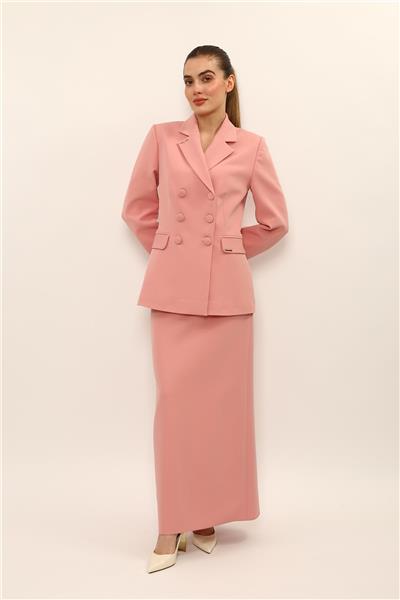Erkek Yaka Blazer Ceket & Uzun Düz Dar Etek-Pudra