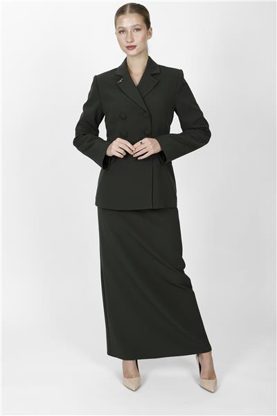 Erkek Yaka Blazer Ceket & Uzun Düz Dar Etek-Haki