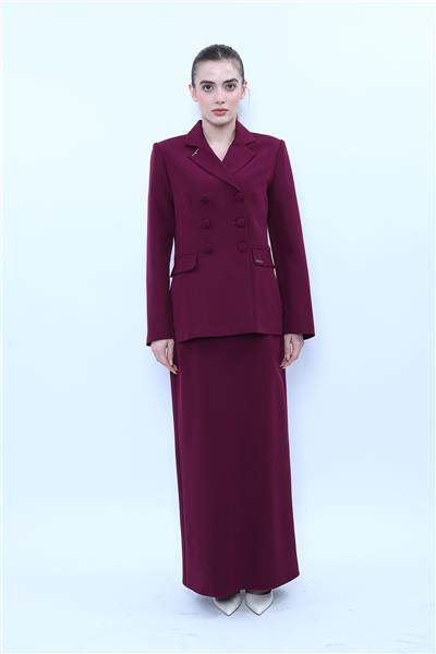 Erkek Yaka Blazer Ceket & Uzun Düz Dar Etek-Mürdüm