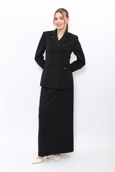 Erkek Yaka Blazer Ceket & Uzun Düz Dar Etek-Siyah