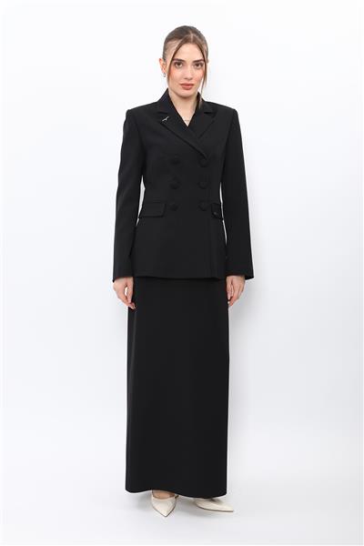 Erkek Yaka Blazer Ceket & Uzun Düz Dar Etek-Siyah